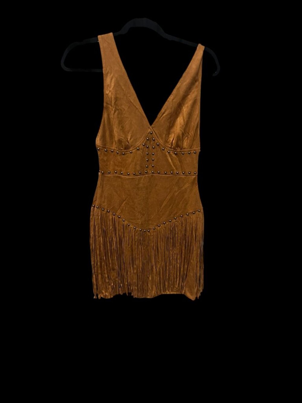 Fashion Nova Fringed Fox Faux Suede Mini Dress Camel Size Large NWT Fringe Weste